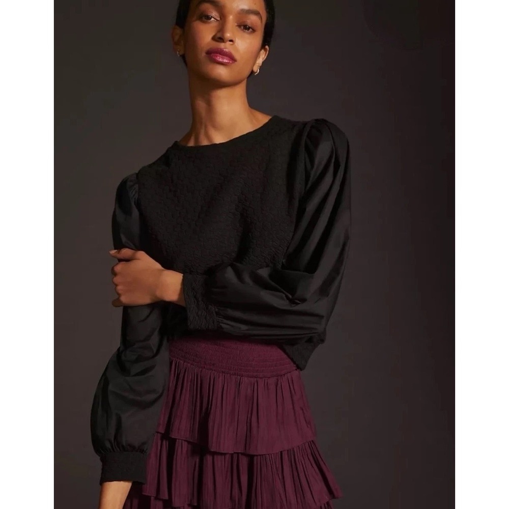 Anthropologie Porridge Textured Sweatshirt Womens XS Puff Sleeve Black Coquette